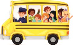 Yellow school bus full of cute and happy kids.